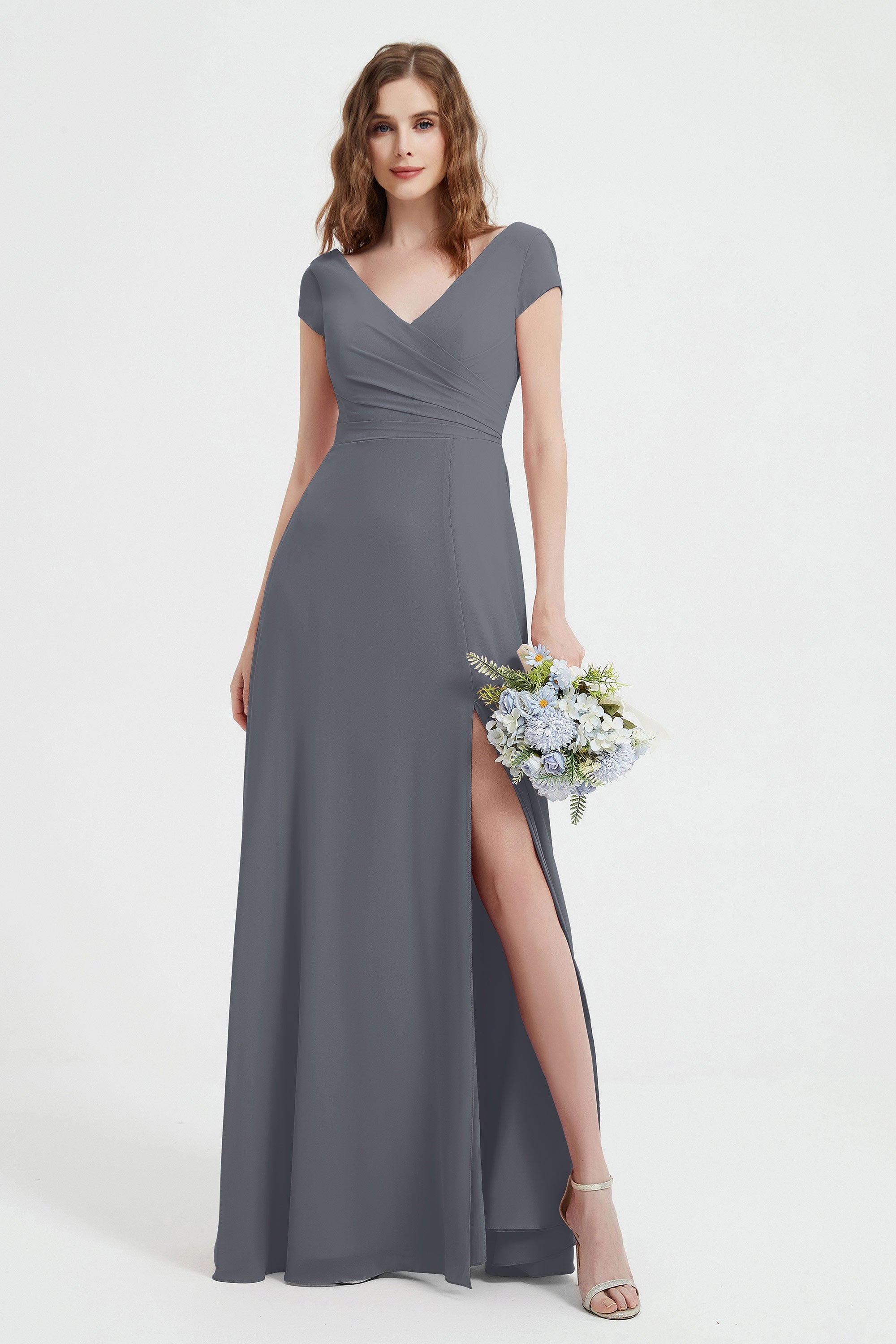 Cap Sleeves Chiffon Backless Bridesmaid Dress Long Formal Evening Dresses with Slit