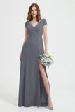 Cap Sleeves Chiffon Backless Bridesmaid Dress Long Formal Evening Dresses with Slit