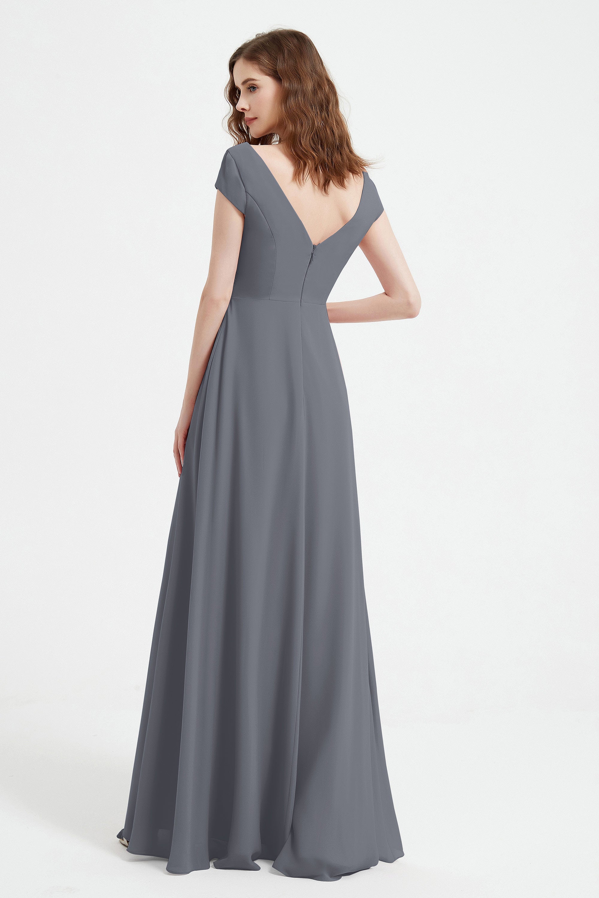 Cap Sleeves Chiffon Backless Bridesmaid Dress Long Formal Evening Dresses with Slit