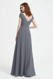 Cap Sleeves Chiffon Backless Bridesmaid Dress Long Formal Evening Dresses with Slit