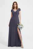 Cap Sleeves Chiffon Backless Bridesmaid Dress Long Formal Evening Dresses with Slit