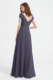Cap Sleeves Chiffon Backless Bridesmaid Dress Long Formal Evening Dresses with Slit