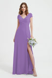 Cap Sleeves Chiffon Backless Bridesmaid Dress Long Formal Evening Dresses with Slit