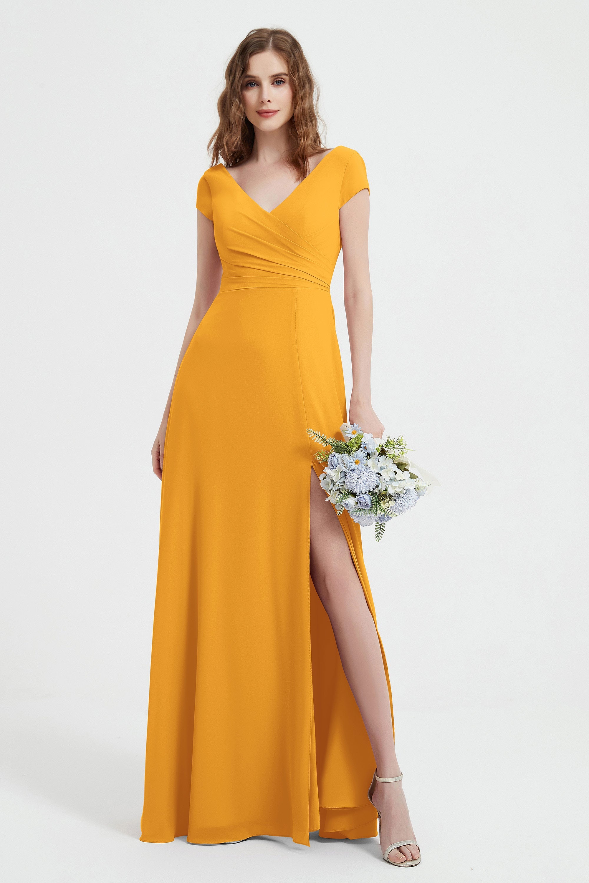 Cap Sleeves Chiffon Backless Bridesmaid Dress Long Formal Evening Dresses with Slit