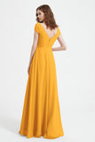 Cap Sleeves Chiffon Backless Bridesmaid Dress Long Formal Evening Dresses with Slit