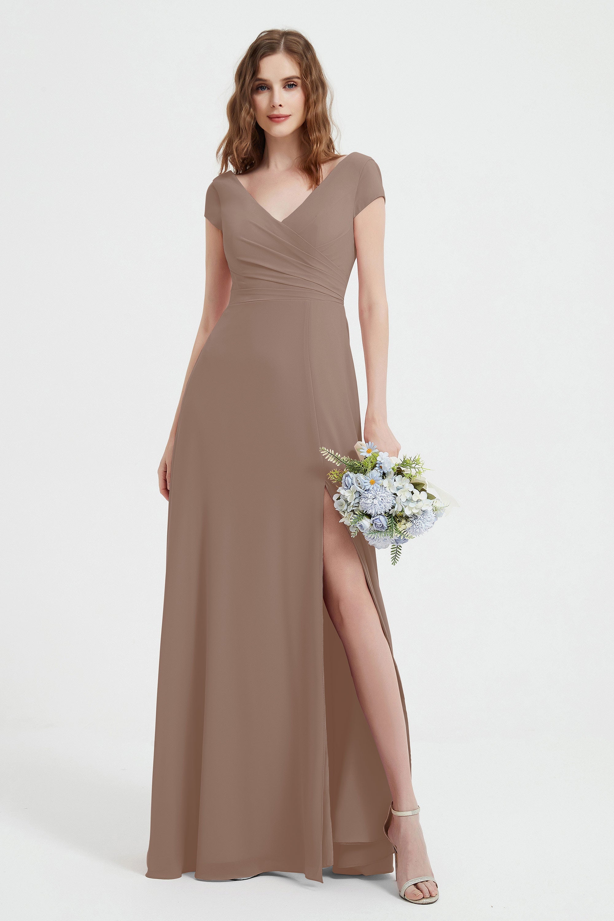 Cap Sleeves Chiffon Backless Bridesmaid Dress Long Formal Evening Dresses with Slit