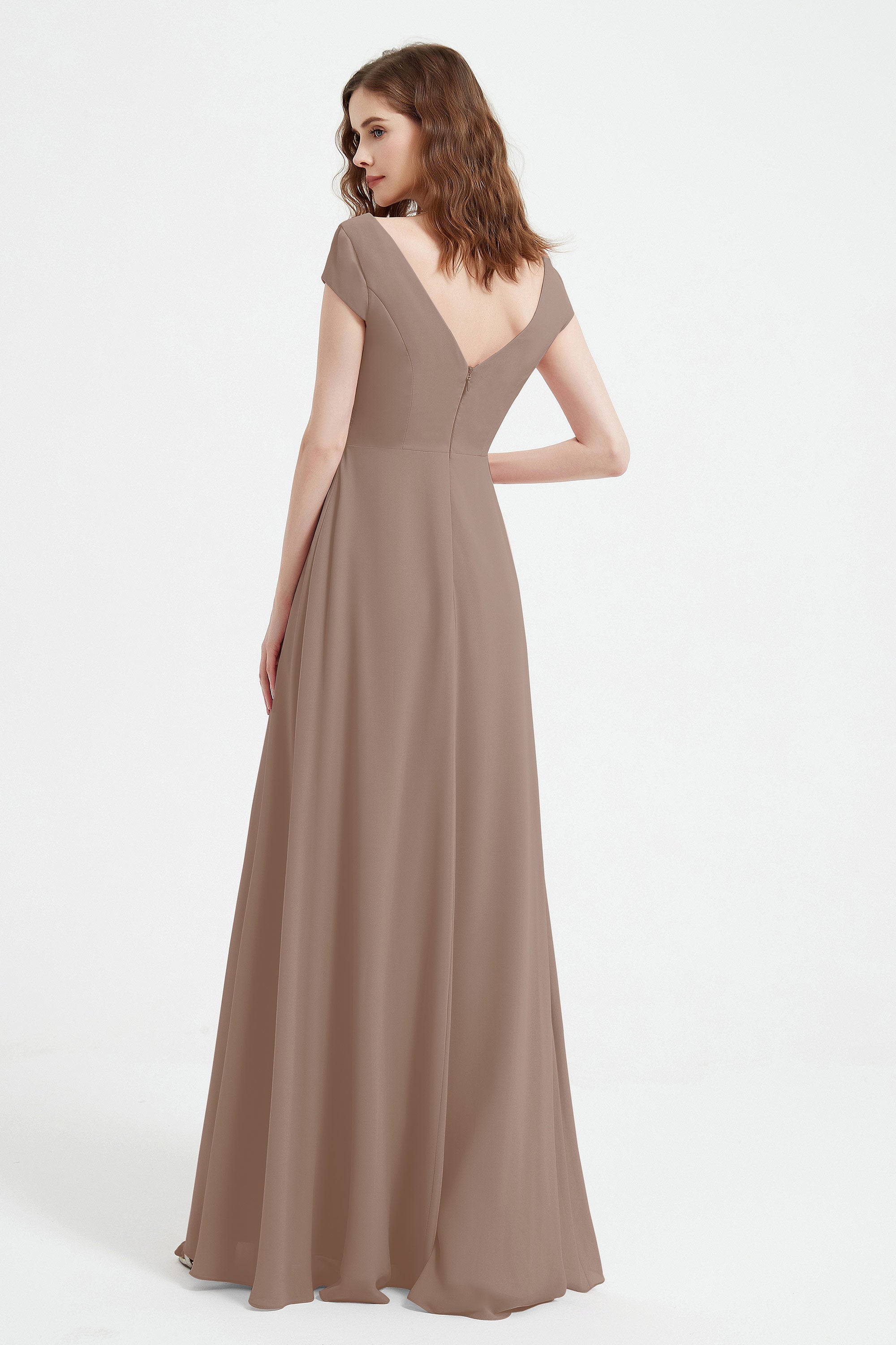 Cap Sleeves Chiffon Backless Bridesmaid Dress Long Formal Evening Dresses with Slit