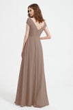 Cap Sleeves Chiffon Backless Bridesmaid Dress Long Formal Evening Dresses with Slit