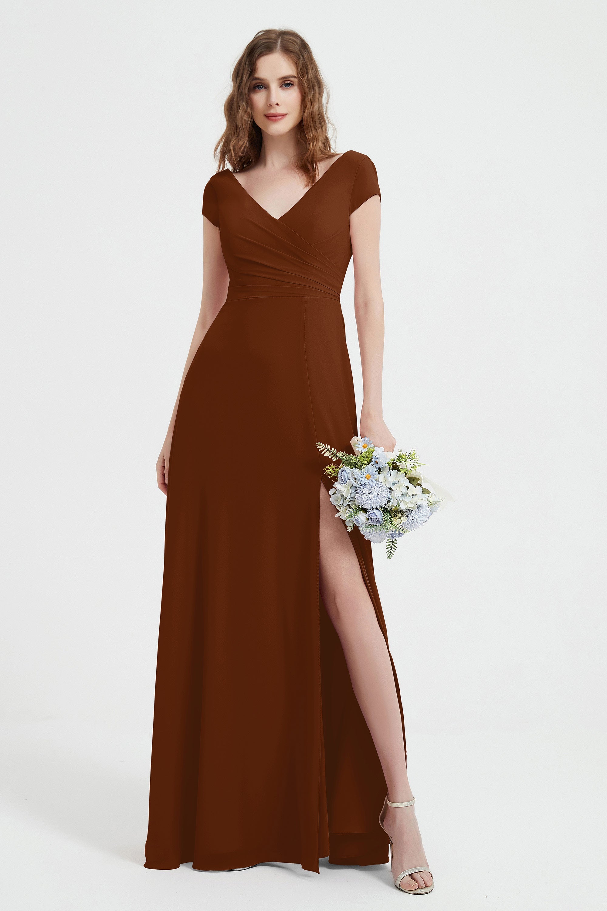 Cap Sleeves Chiffon Backless Bridesmaid Dress Long Formal Evening Dresses with Slit