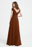 Cap Sleeves Chiffon Backless Bridesmaid Dress Long Formal Evening Dresses with Slit