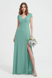 Cap Sleeves Chiffon Backless Bridesmaid Dress Long Formal Evening Dresses with Slit