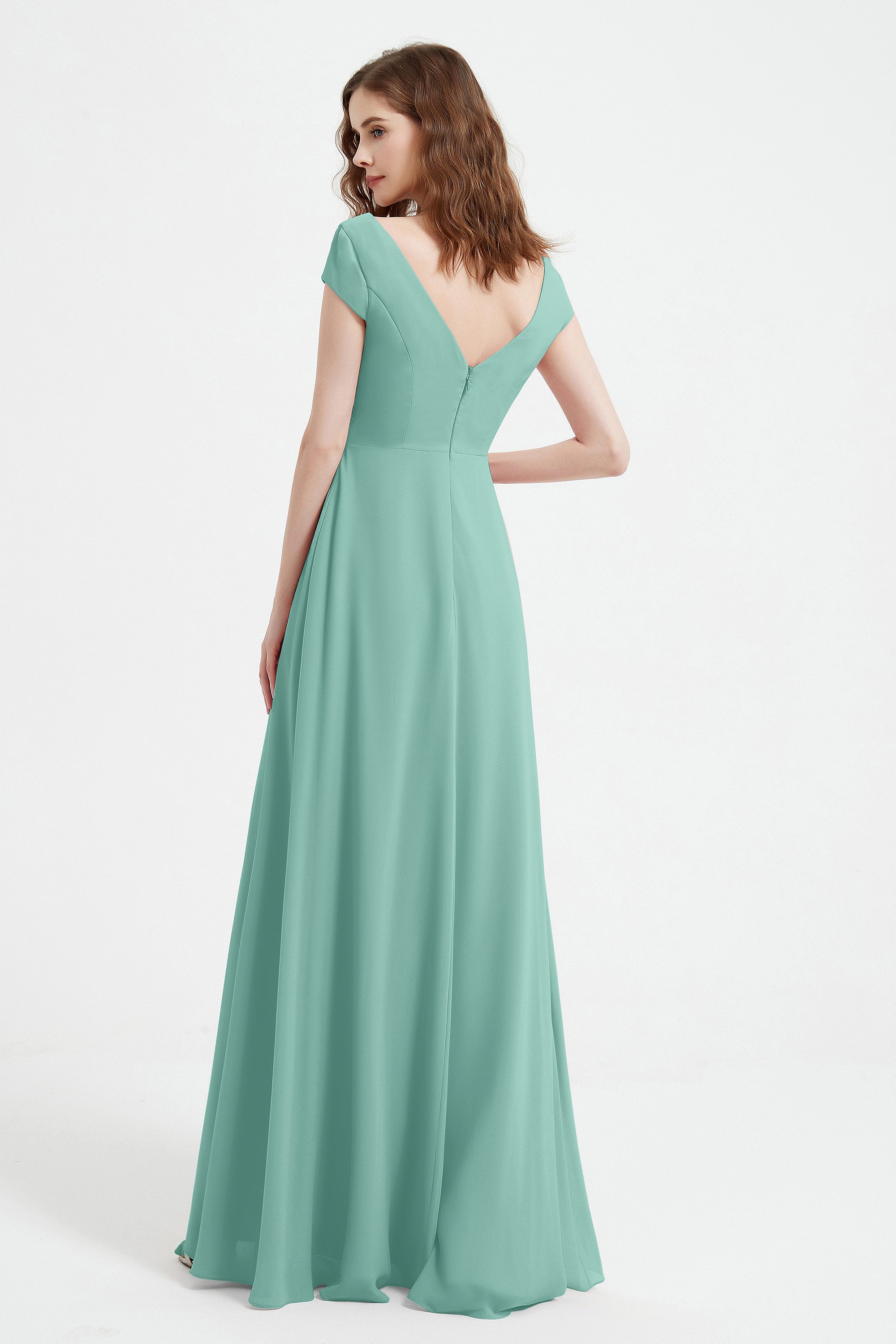 Cap Sleeves Chiffon Backless Bridesmaid Dress Long Formal Evening Dresses with Slit