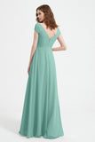 Cap Sleeves Chiffon Backless Bridesmaid Dress Long Formal Evening Dresses with Slit