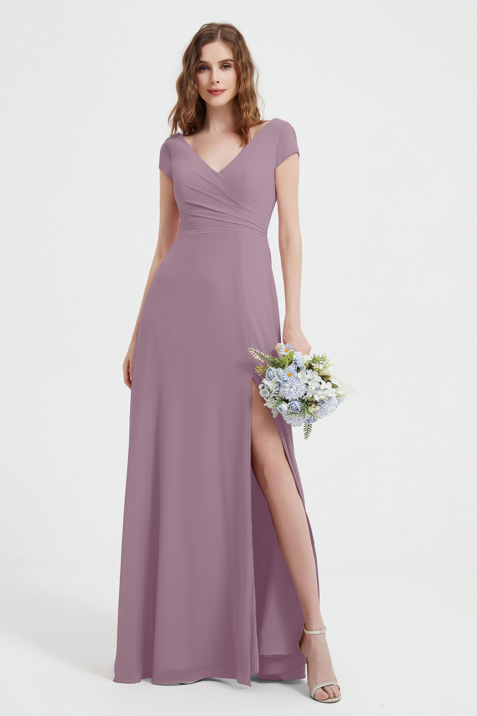 Cap Sleeves Chiffon Backless Bridesmaid Dress Long Formal Evening Dresses with Slit