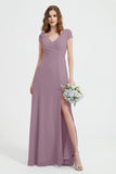 Cap Sleeves Chiffon Backless Bridesmaid Dress Long Formal Evening Dresses with Slit