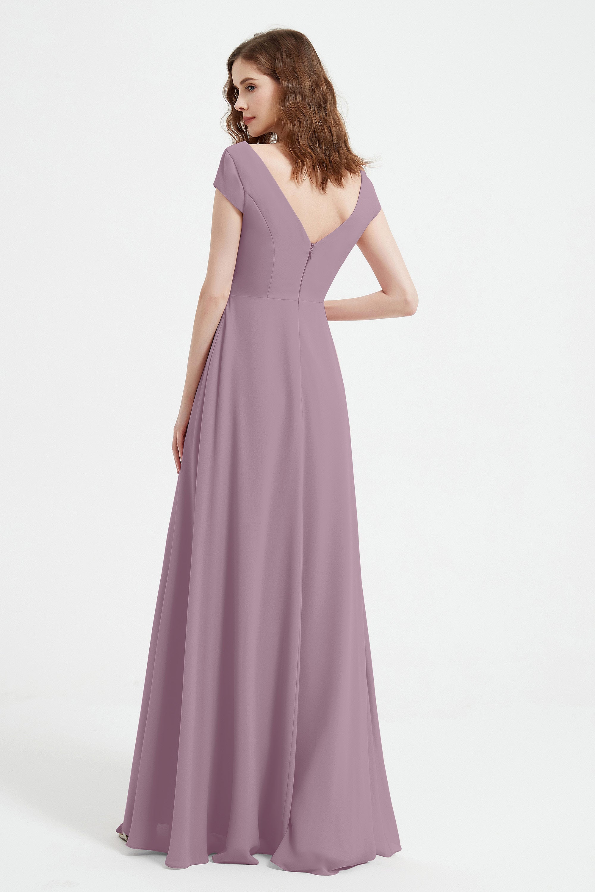 Cap Sleeves Chiffon Backless Bridesmaid Dress Long Formal Evening Dresses with Slit