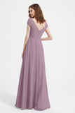 Cap Sleeves Chiffon Backless Bridesmaid Dress Long Formal Evening Dresses with Slit