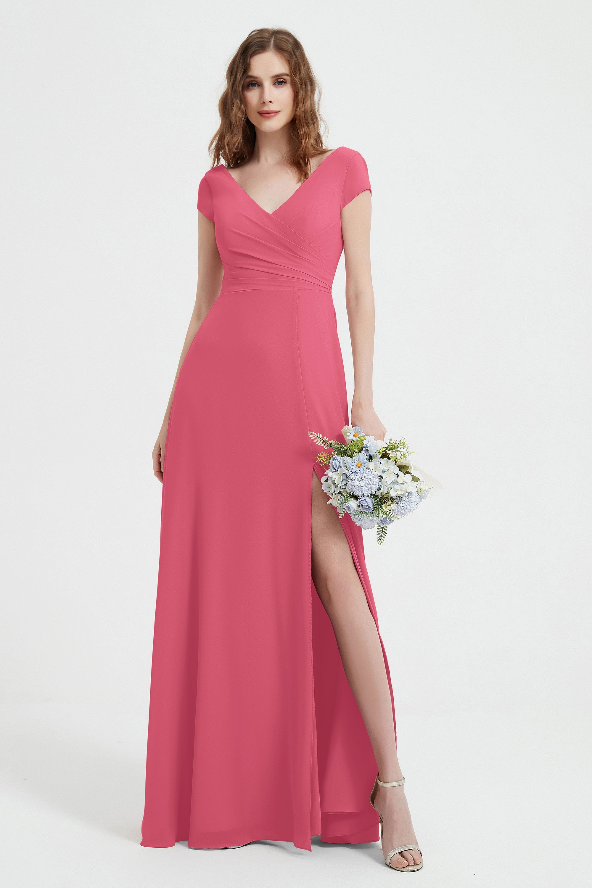 Cap Sleeves Chiffon Backless Bridesmaid Dress Long Formal Evening Dresses with Slit