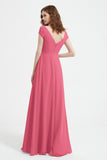 Cap Sleeves Chiffon Backless Bridesmaid Dress Long Formal Evening Dresses with Slit