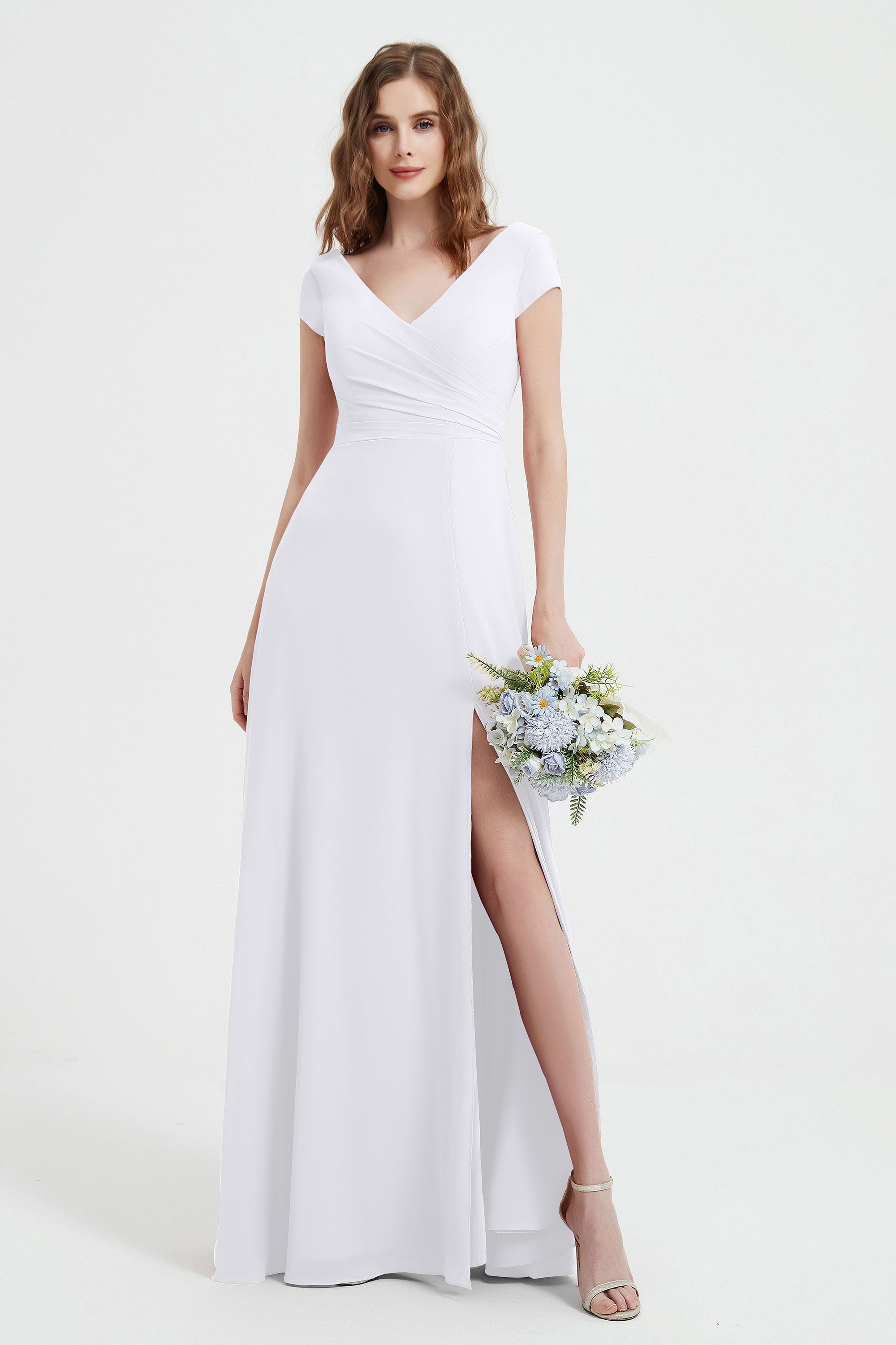 Cap Sleeves Chiffon Backless Bridesmaid Dress Long Formal Evening Dresses with Slit