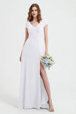 Cap Sleeves Chiffon Backless Bridesmaid Dress Long Formal Evening Dresses with Slit