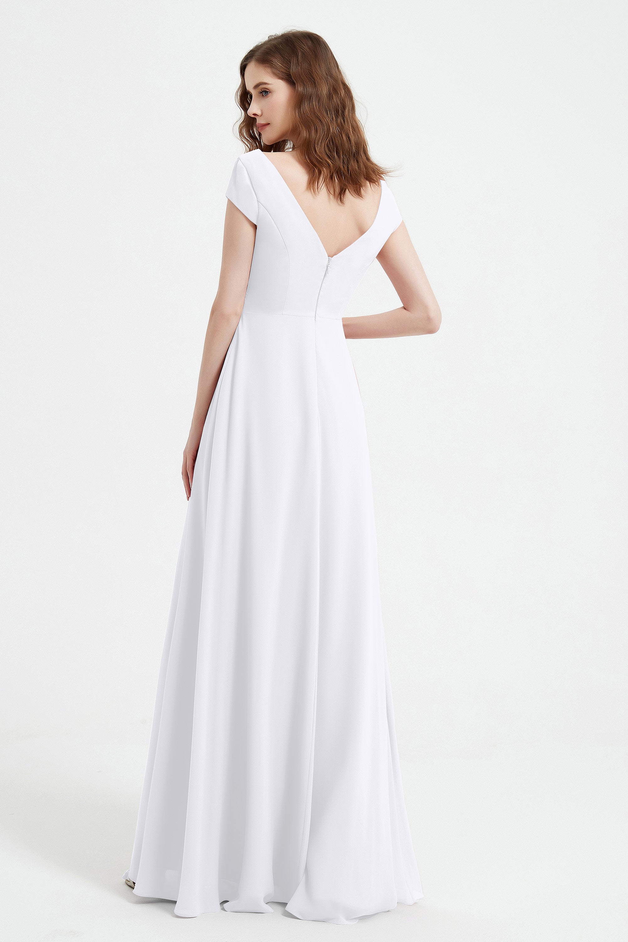 Cap Sleeves Chiffon Backless Bridesmaid Dress Long Formal Evening Dresses with Slit