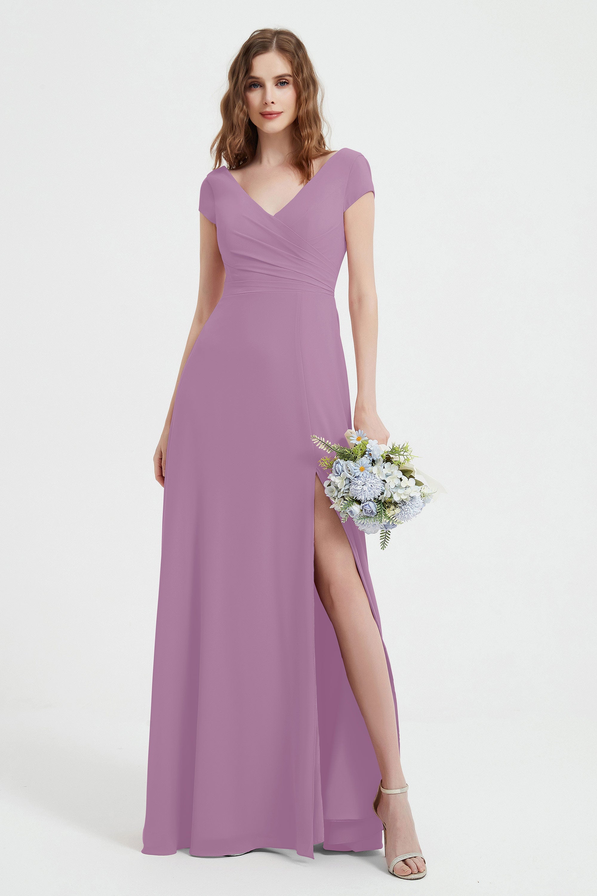 Cap Sleeves Chiffon Backless Bridesmaid Dress Long Formal Evening Dresses with Slit