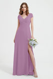 Cap Sleeves Chiffon Backless Bridesmaid Dress Long Formal Evening Dresses with Slit