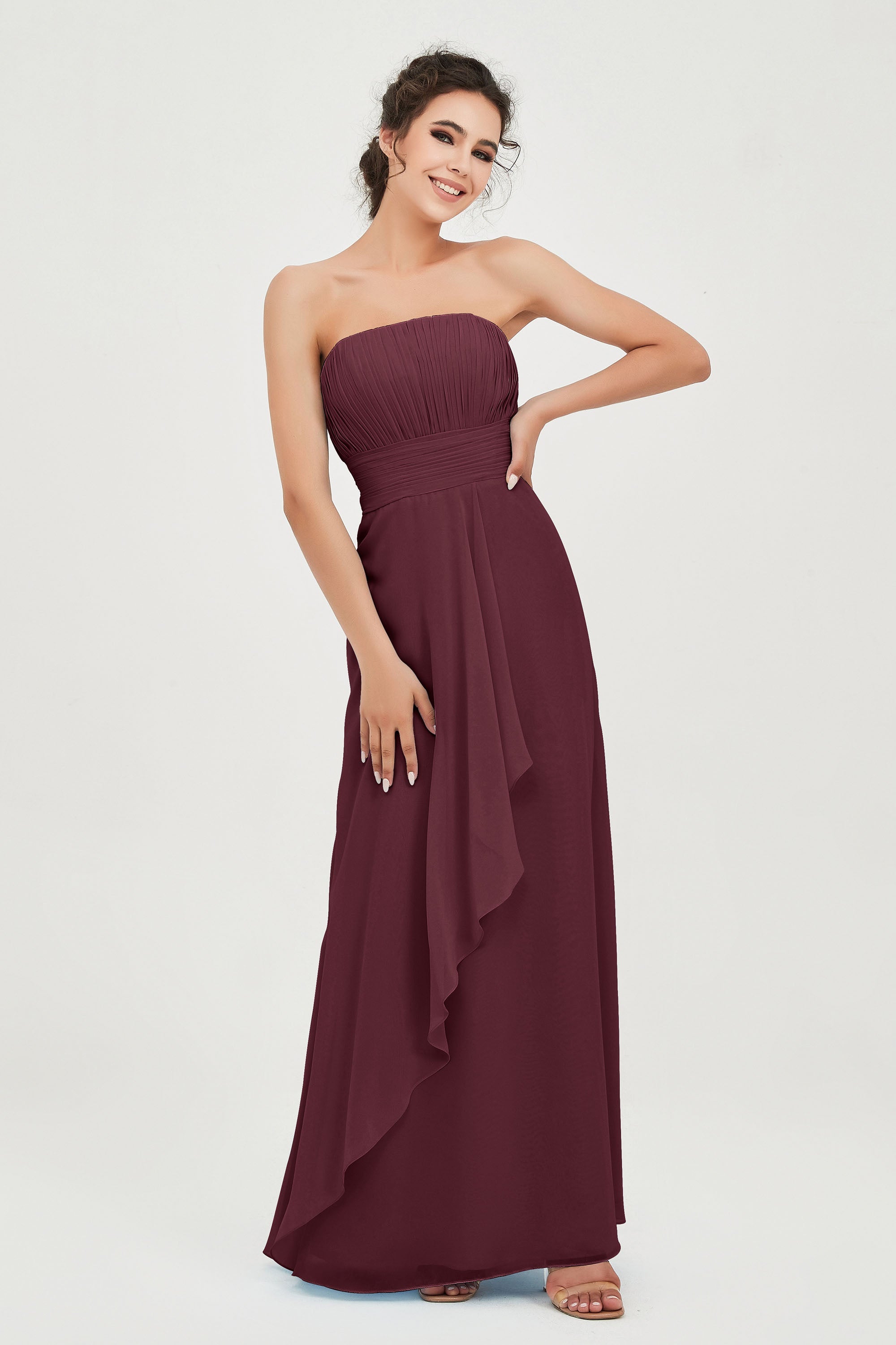 Strapless Long Bridesmaid Dresses Chiffon Strapless Sleeveless Formal Evening Dress Gowns