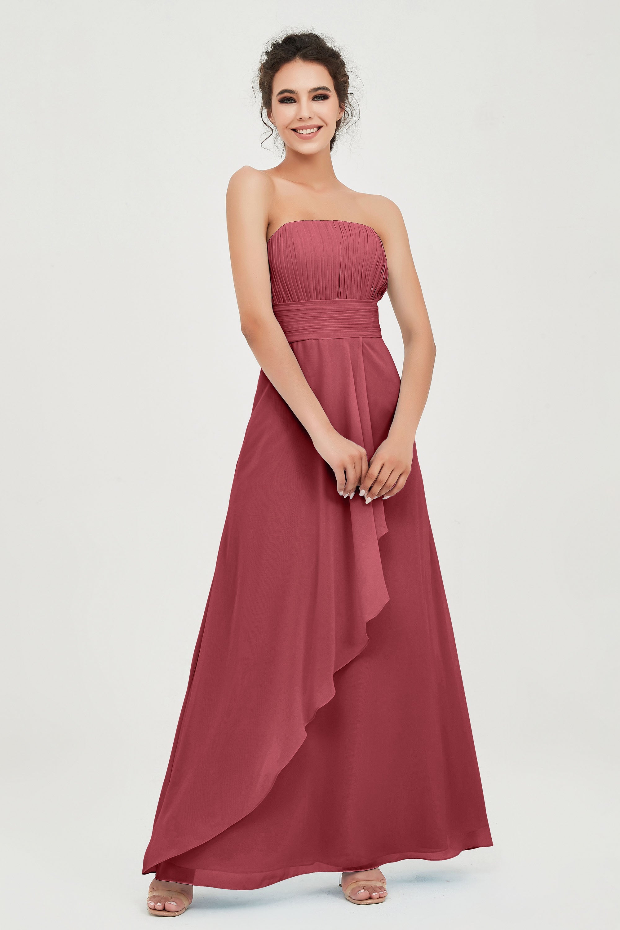 Strapless Long Bridesmaid Dresses Chiffon Strapless Sleeveless Formal Evening Dress Gowns