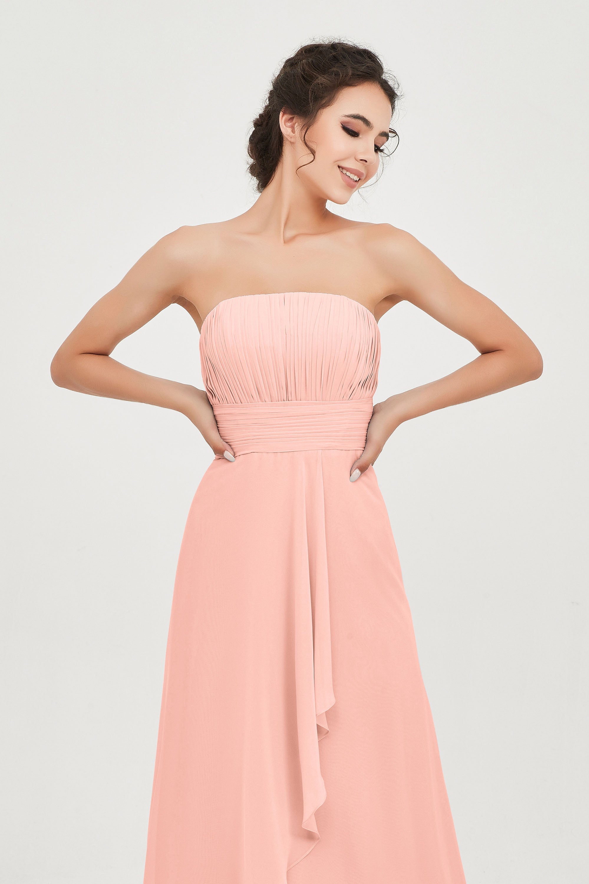 Strapless Long Bridesmaid Dresses Chiffon Strapless Sleeveless Formal Evening Dress Gowns