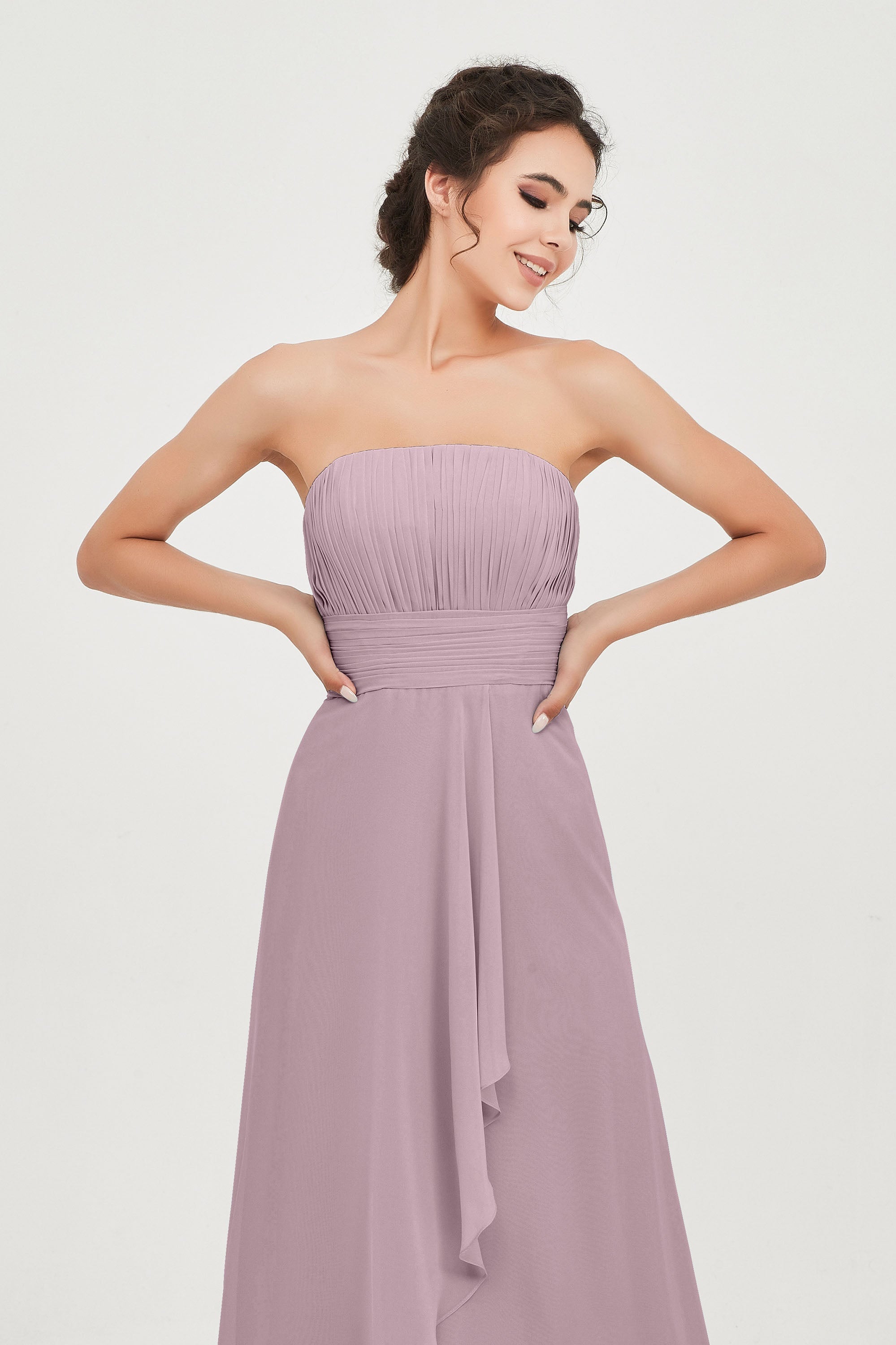 Strapless Long Bridesmaid Dresses Chiffon Strapless Sleeveless Formal Evening Dress Gowns