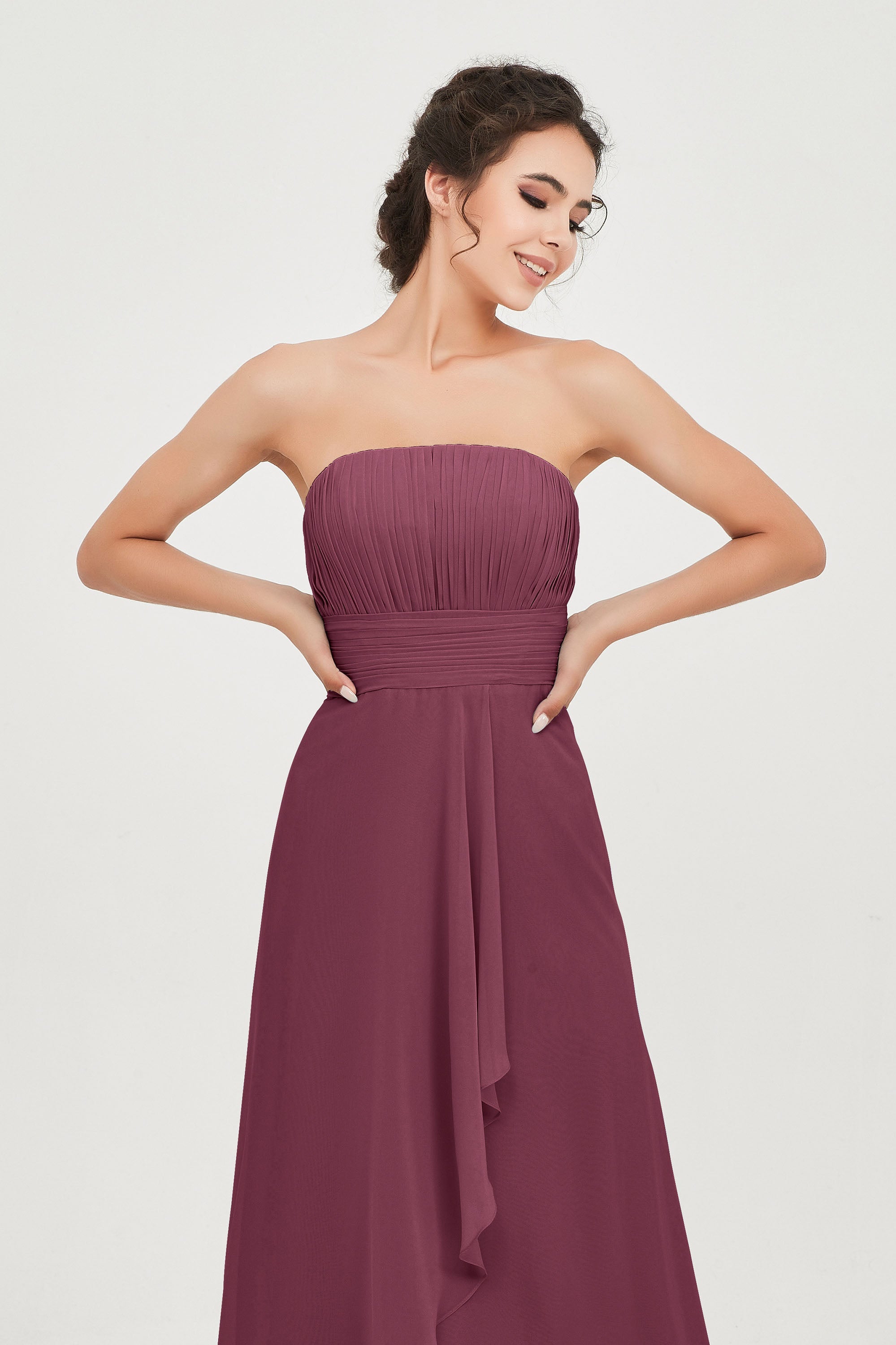 Strapless Long Bridesmaid Dresses Chiffon Strapless Sleeveless Formal Evening Dress Gowns