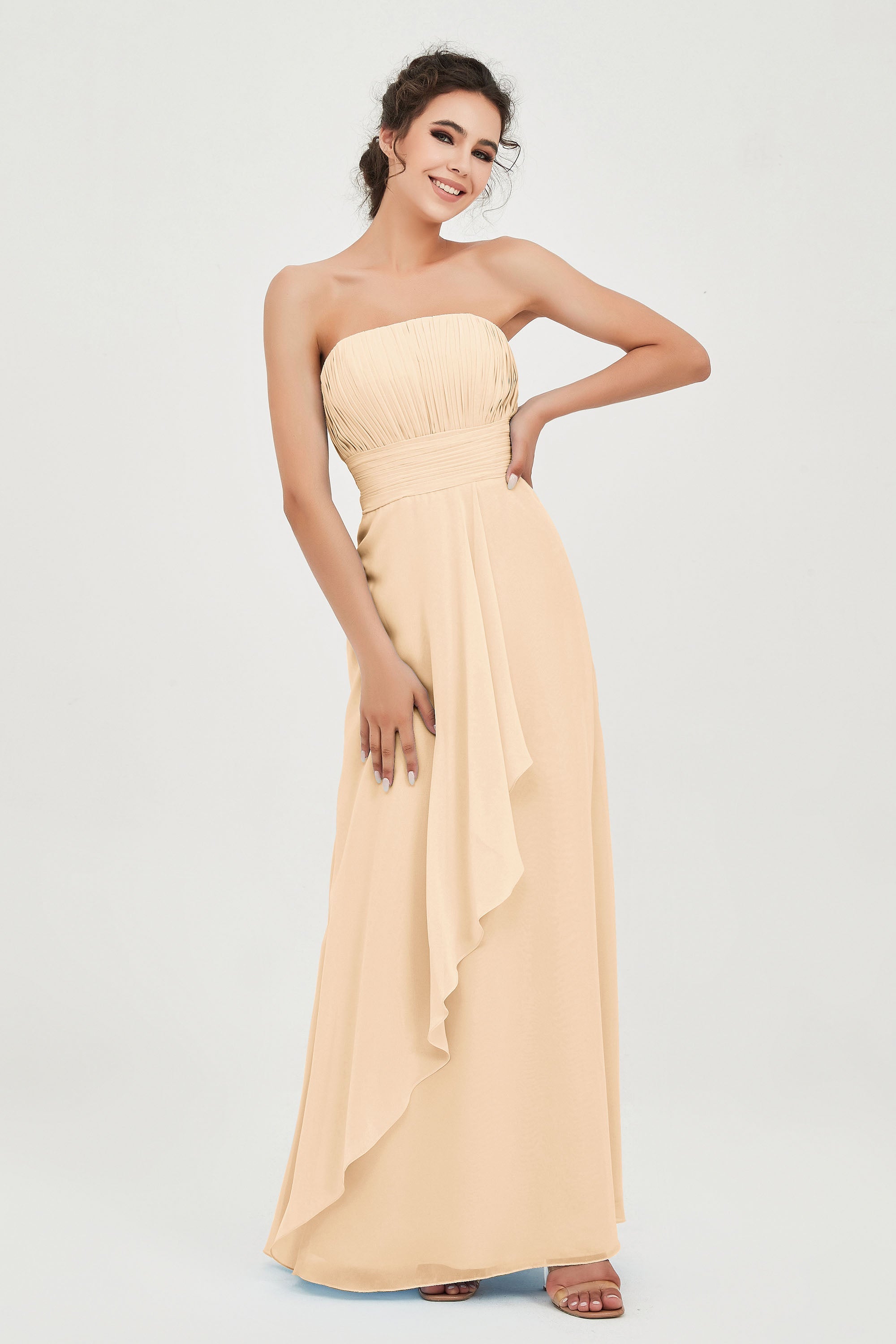 Strapless Long Bridesmaid Dresses Chiffon Strapless Sleeveless Formal Evening Dress Gowns