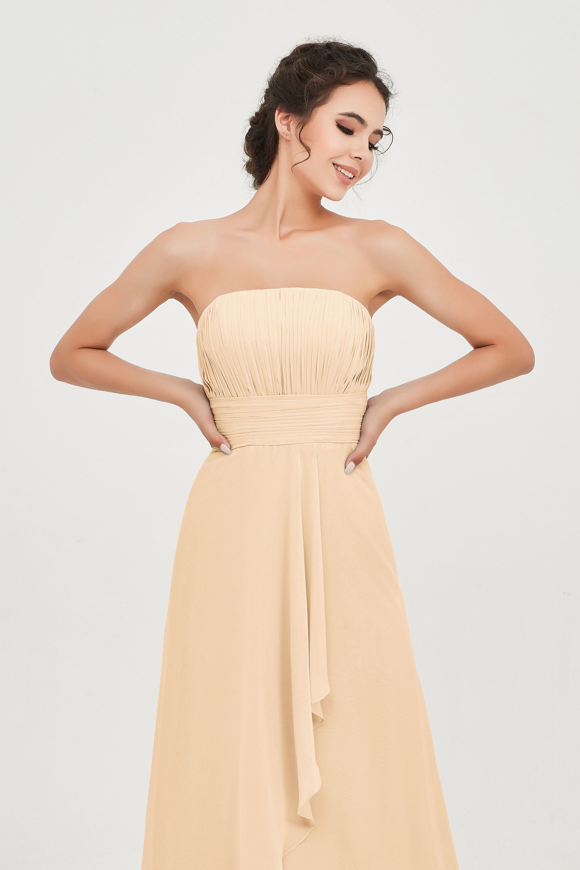 Strapless Long Bridesmaid Dresses Chiffon Strapless Sleeveless Formal Evening Dress Gowns