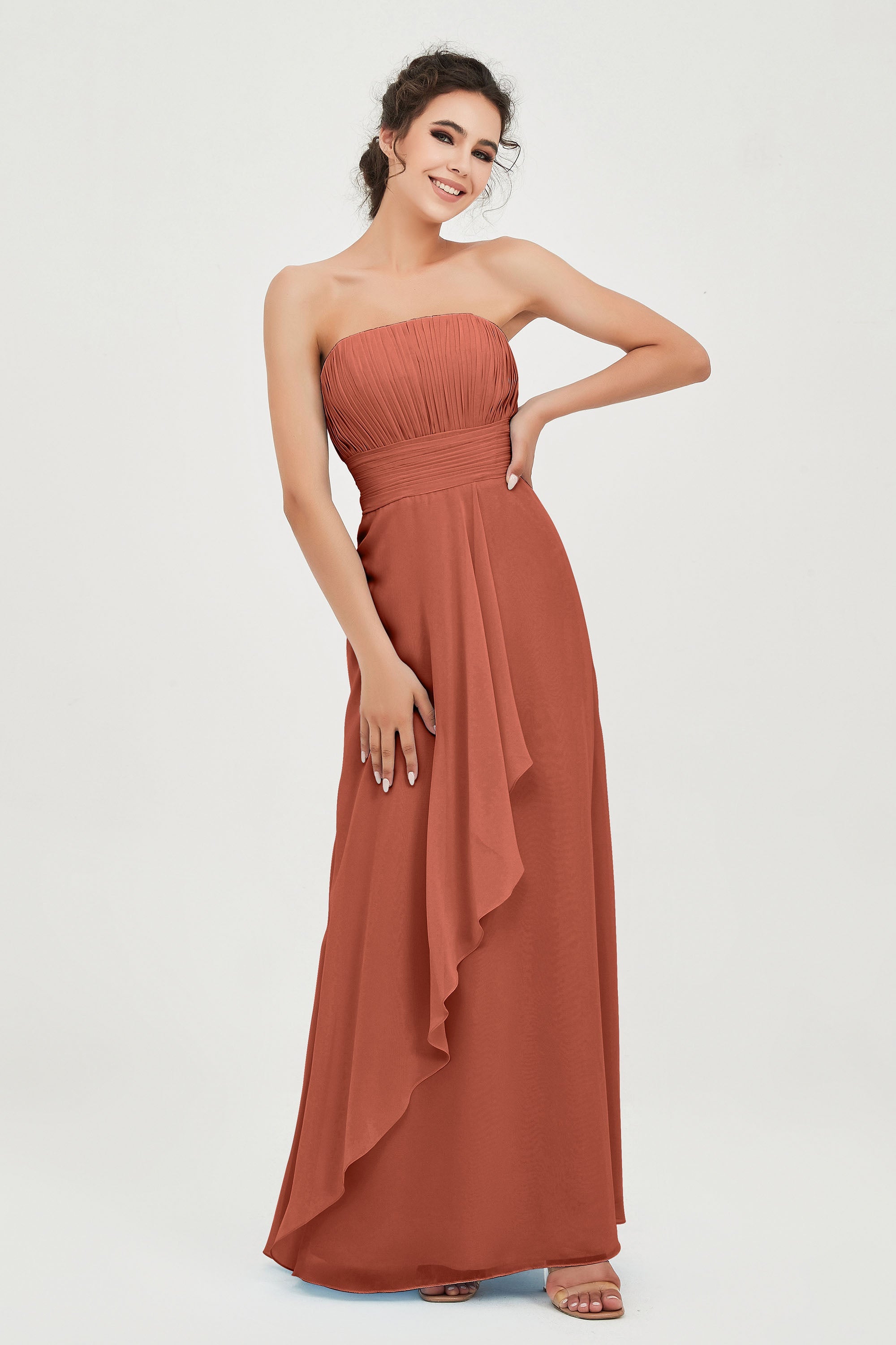 Strapless Long Bridesmaid Dresses Chiffon Strapless Sleeveless Formal Evening Dress Gowns