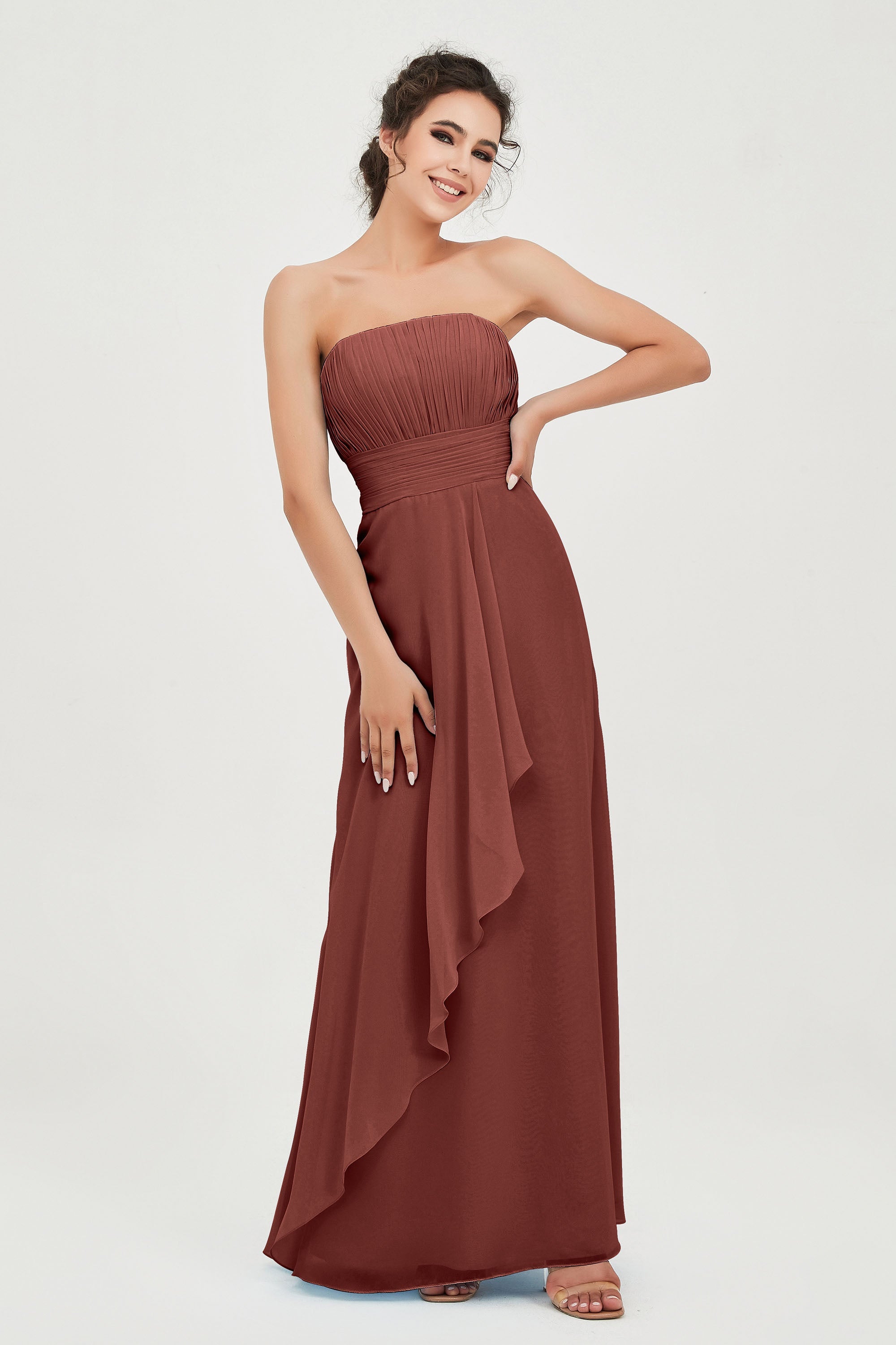 Strapless Long Bridesmaid Dresses Chiffon Strapless Sleeveless Formal Evening Dress Gowns