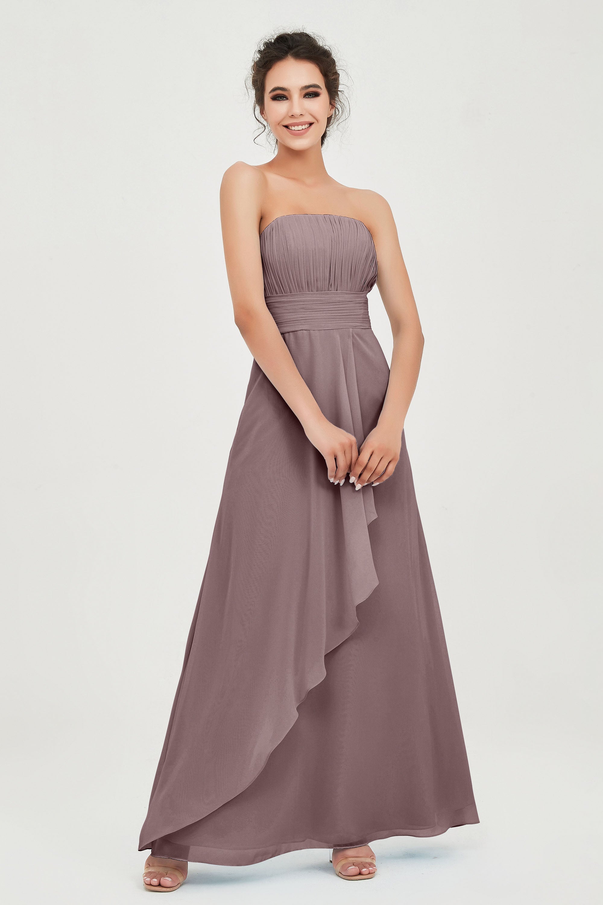 Strapless Long Bridesmaid Dresses Chiffon Strapless Sleeveless Formal Evening Dress Gowns
