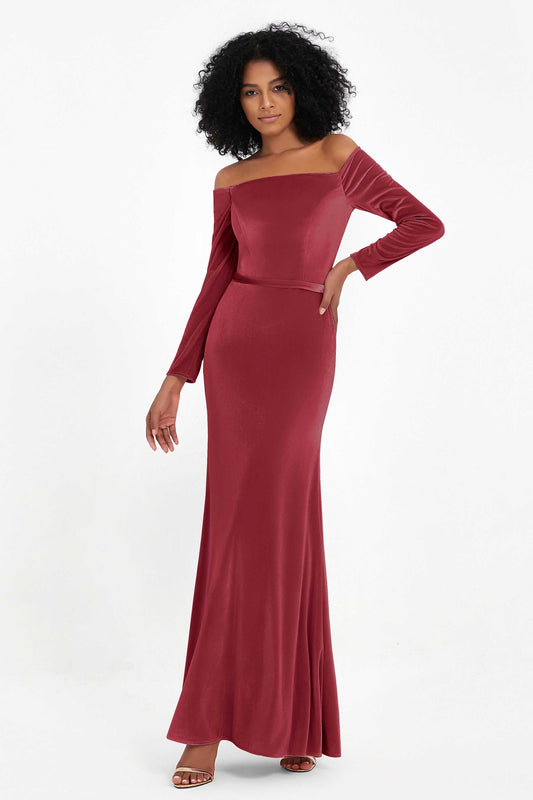 Off the Shoulder Velvet Formal Evening Dresses with Sash Long Prom Party Gowns