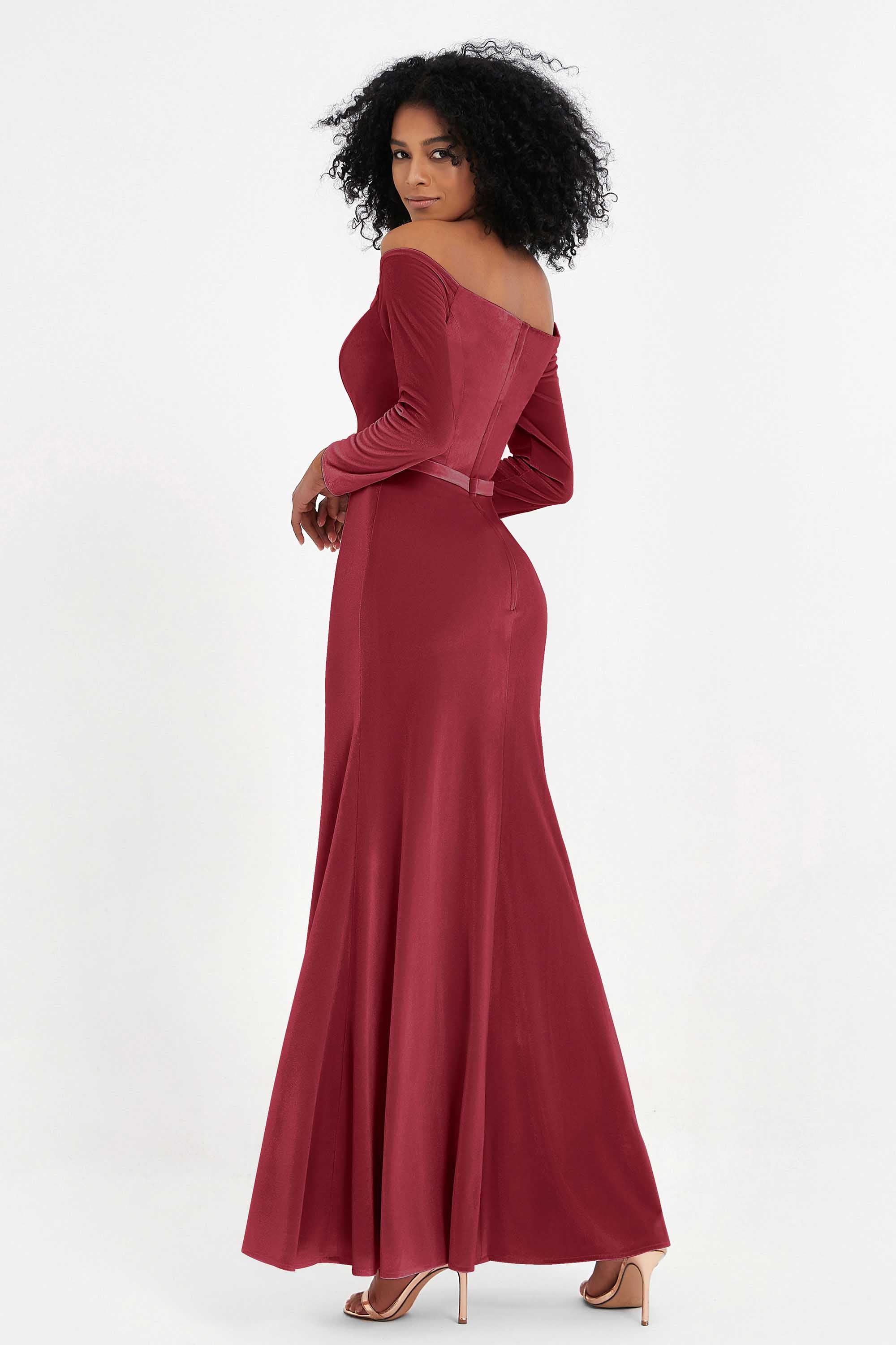 Off the Shoulder Velvet Formal Evening Dresses with Sash Long Prom Party Gowns