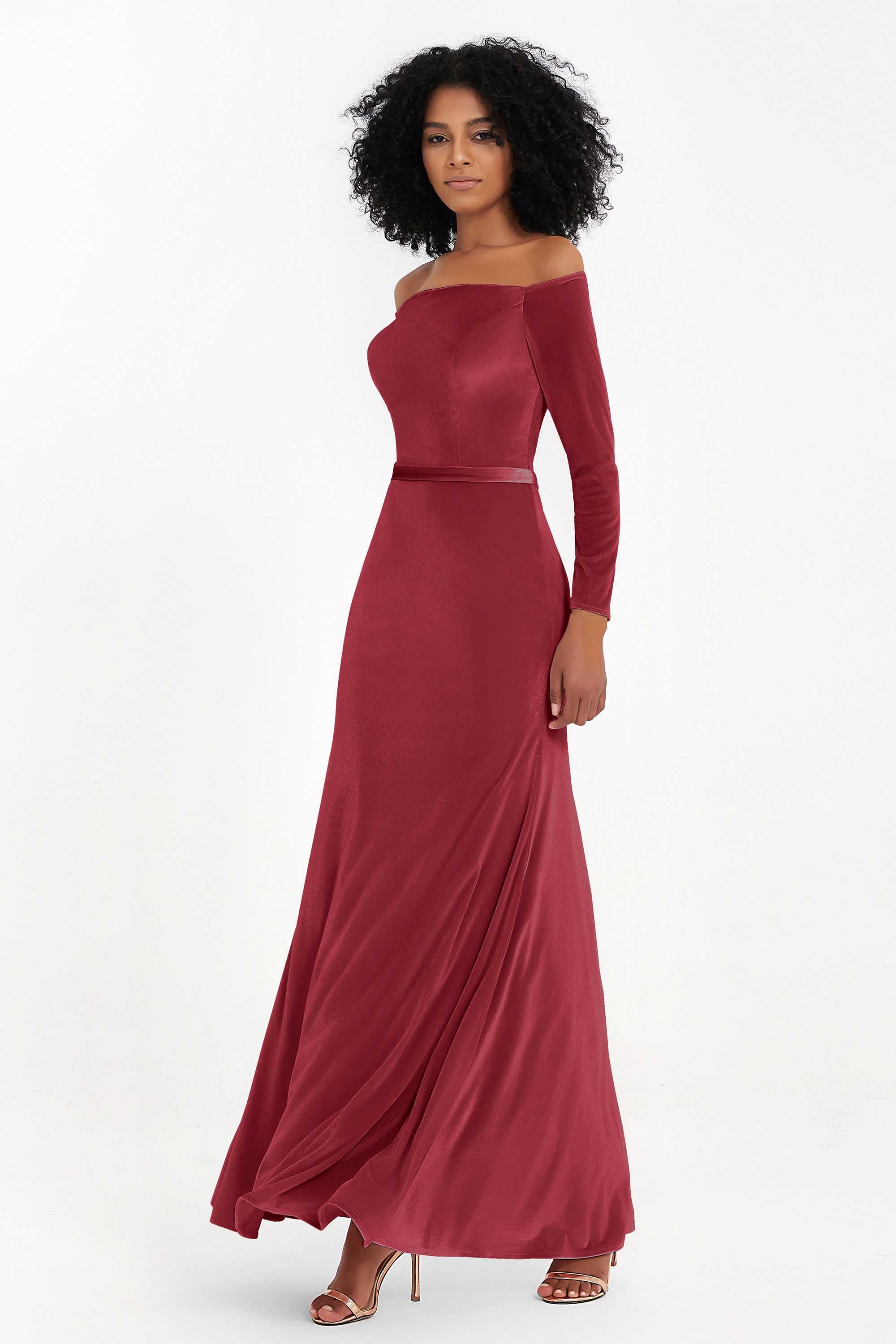 Off the Shoulder Velvet Formal Evening Dresses with Sash Long Prom Party Gowns