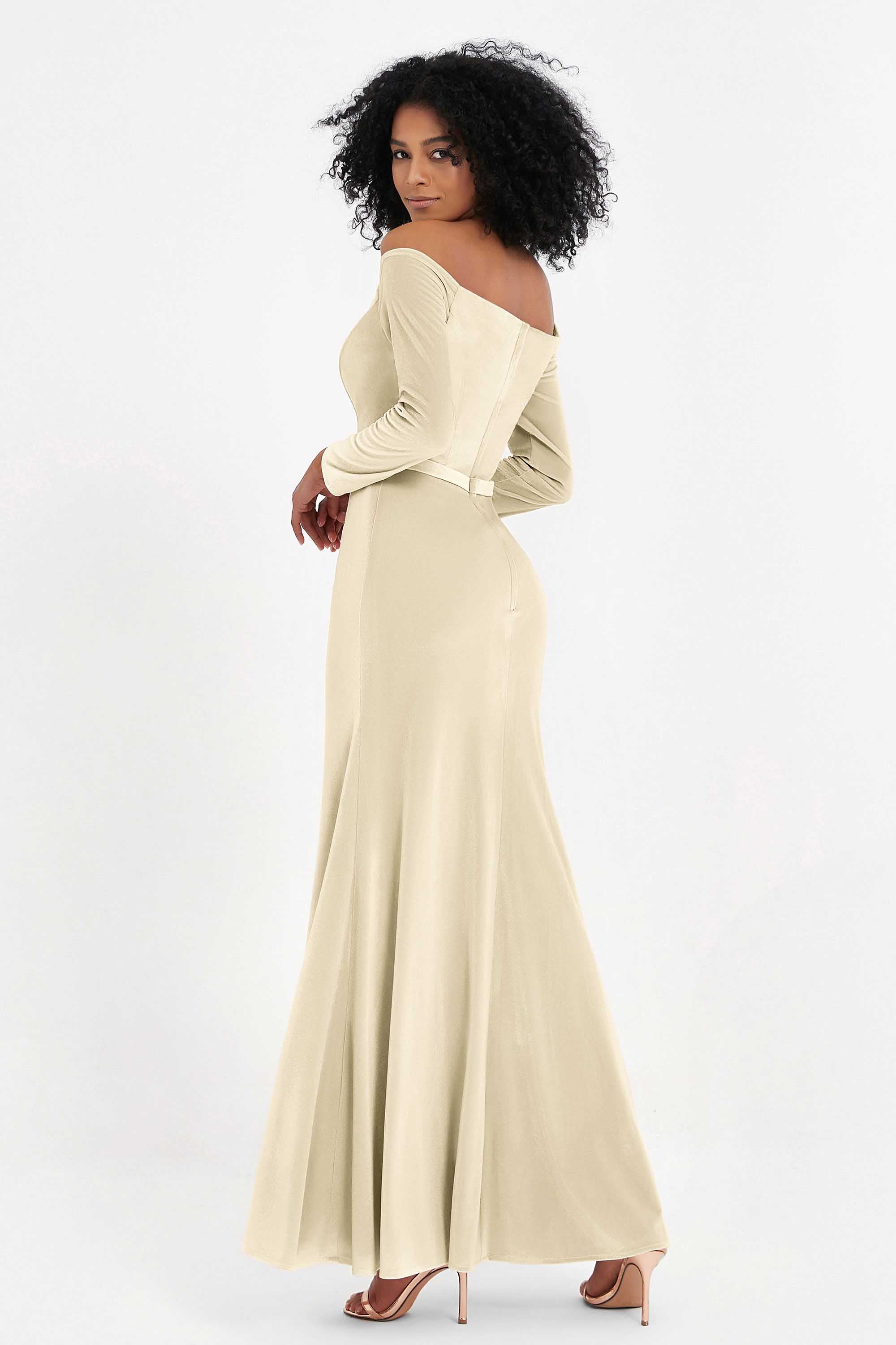 Off the Shoulder Velvet Formal Evening Dresses with Sash Long Prom Party Gowns