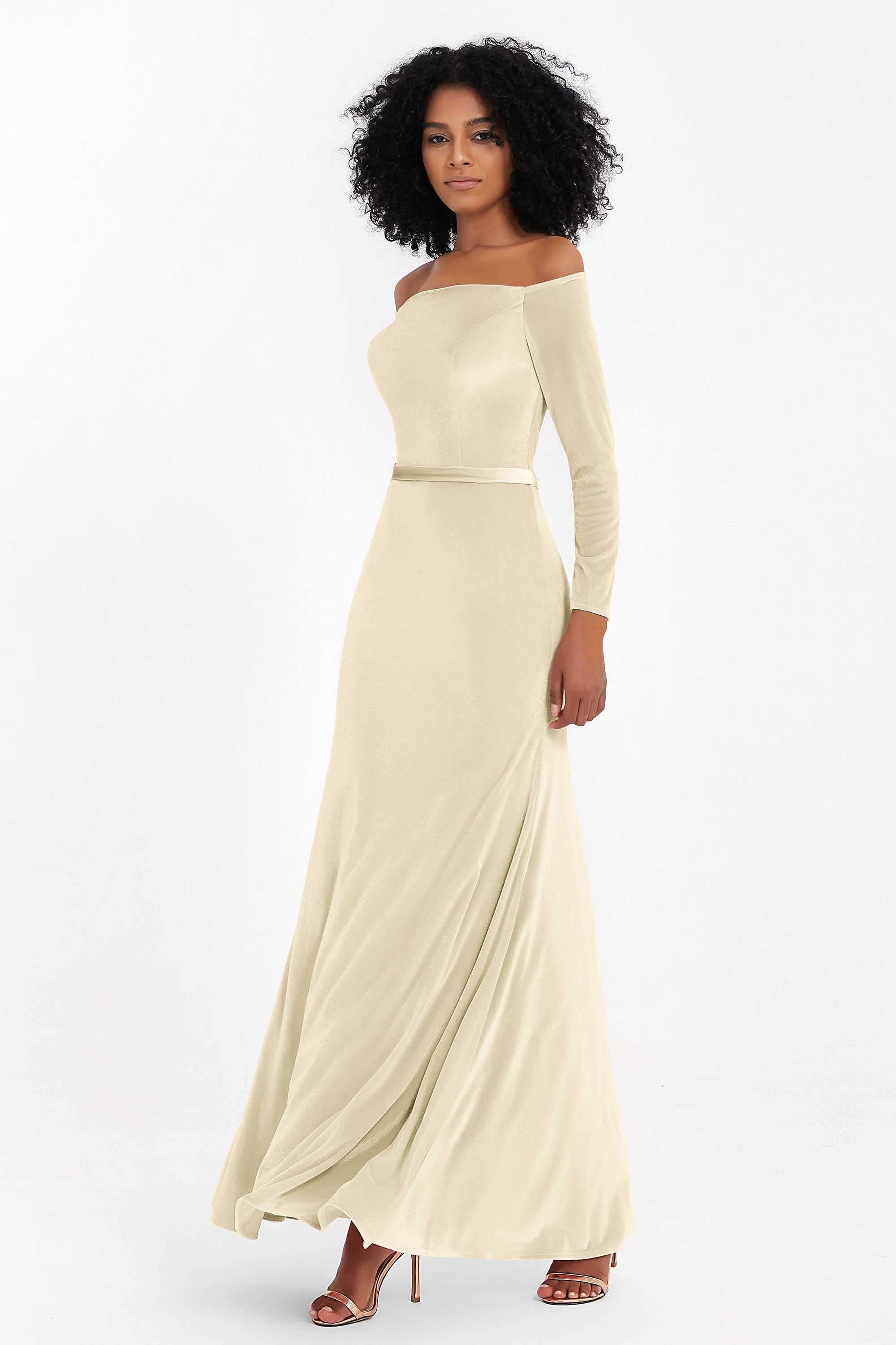 Off the Shoulder Velvet Formal Evening Dresses with Sash Long Prom Party Gowns