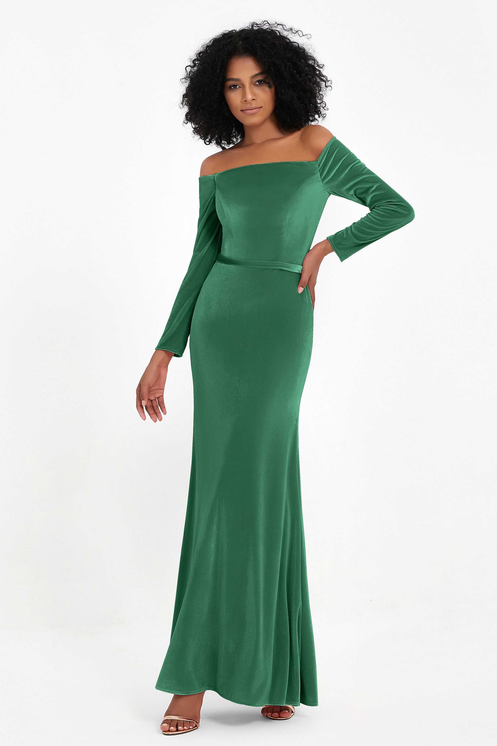 Off the Shoulder Velvet Formal Evening Dresses with Sash Long Prom Party Gowns