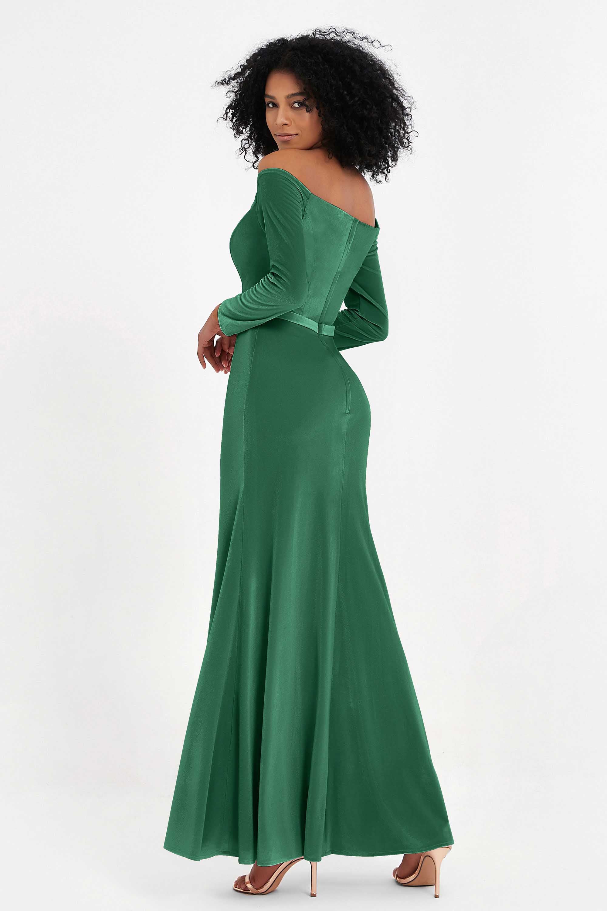 Off the Shoulder Velvet Formal Evening Dresses with Sash Long Prom Party Gowns