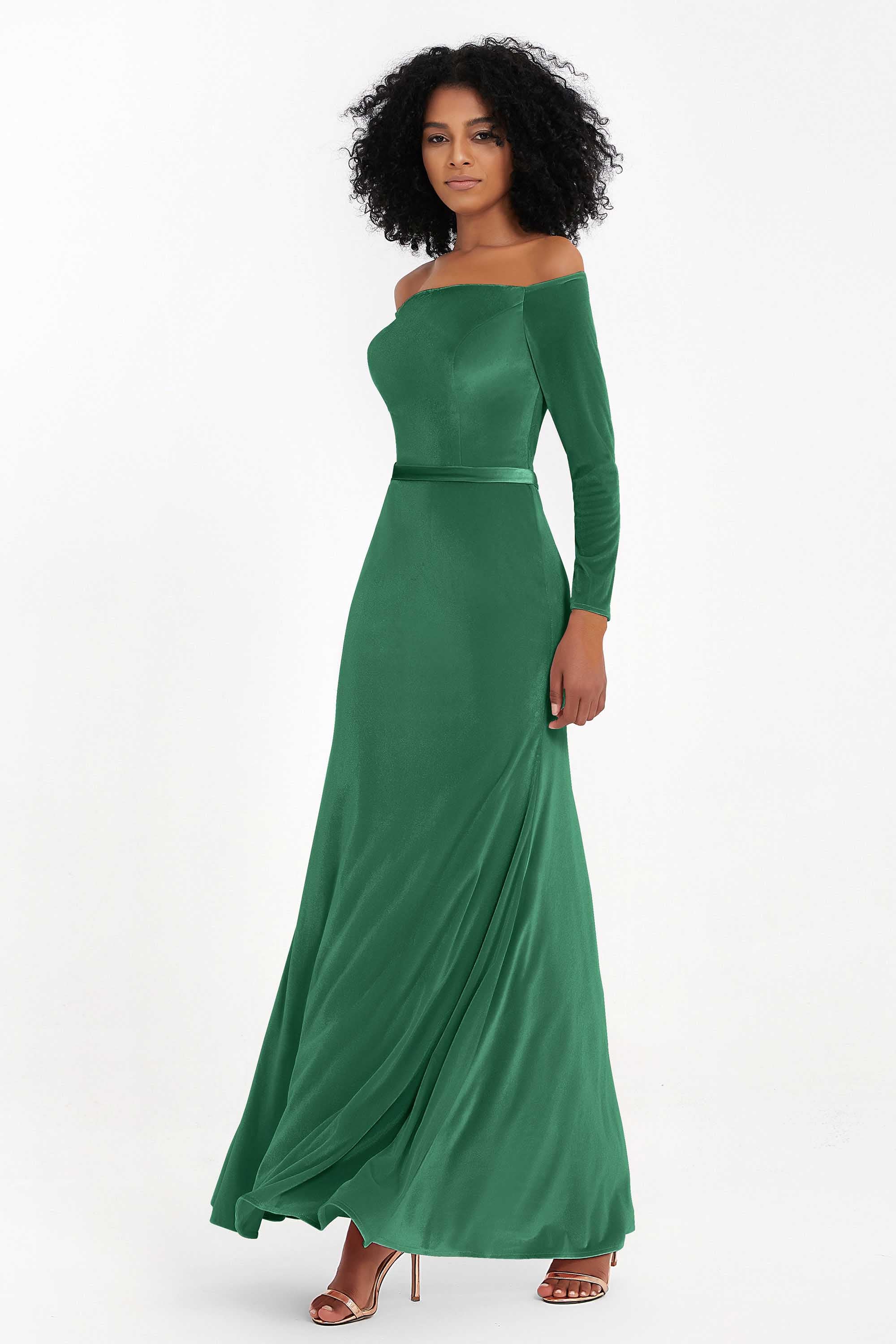Off the Shoulder Velvet Formal Evening Dresses with Sash Long Prom Party Gowns