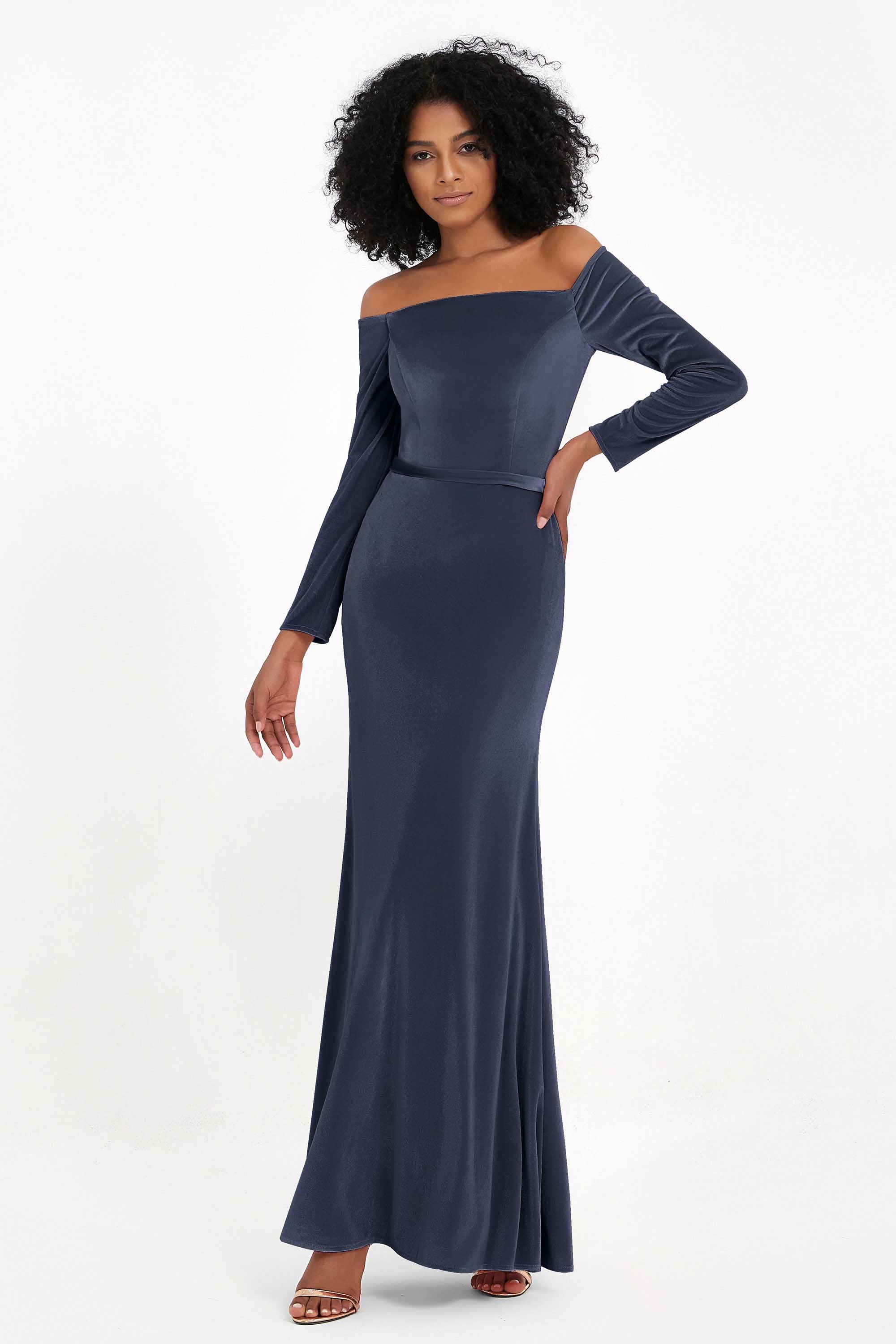 Off the Shoulder Velvet Formal Evening Dresses with Sash Long Prom Party Gowns