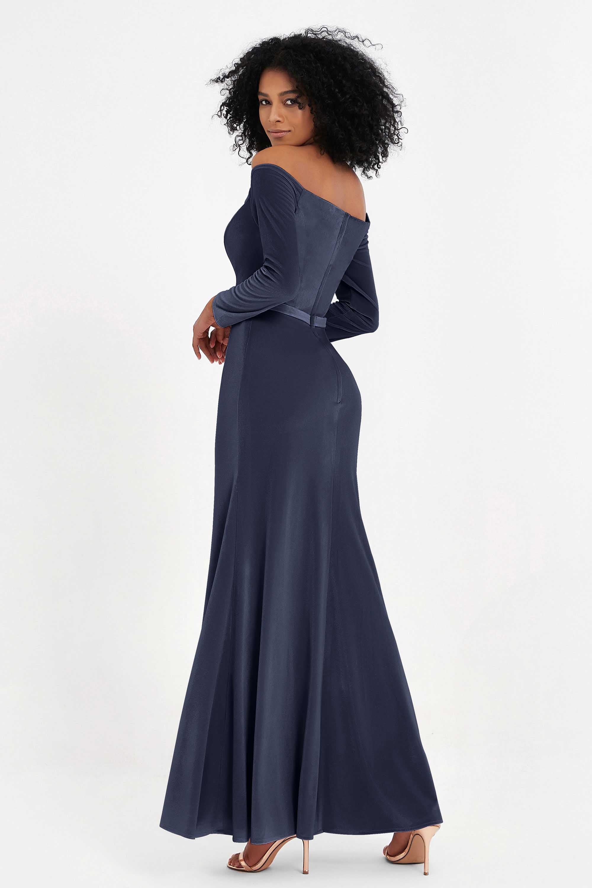 Off the Shoulder Velvet Formal Evening Dresses with Sash Long Prom Party Gowns