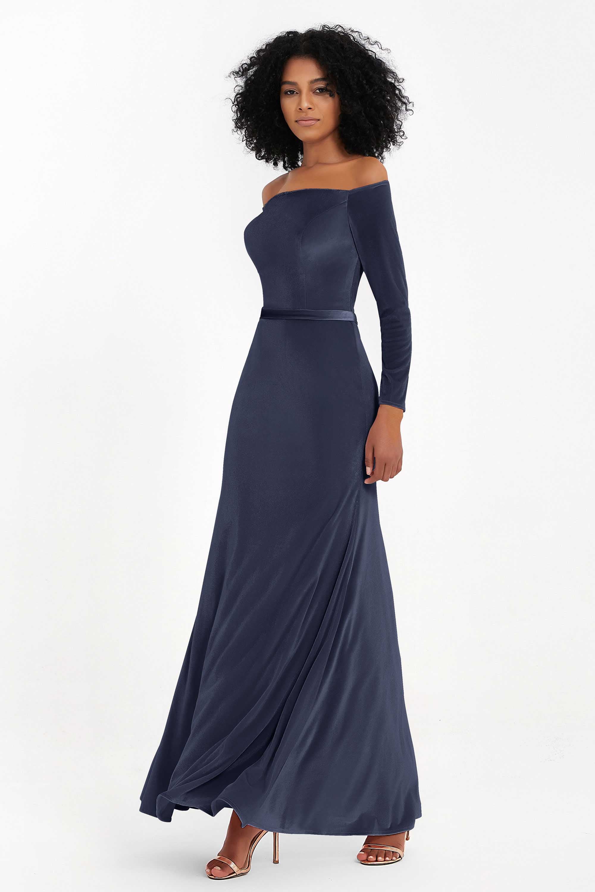 Off the Shoulder Velvet Formal Evening Dresses with Sash Long Prom Party Gowns