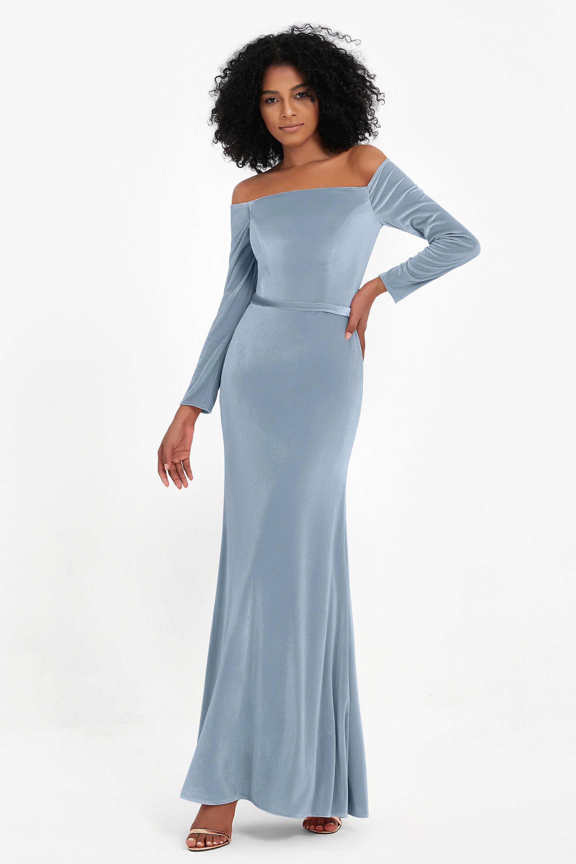 Off the Shoulder Velvet Formal Evening Dresses with Sash Long Prom Party Gowns